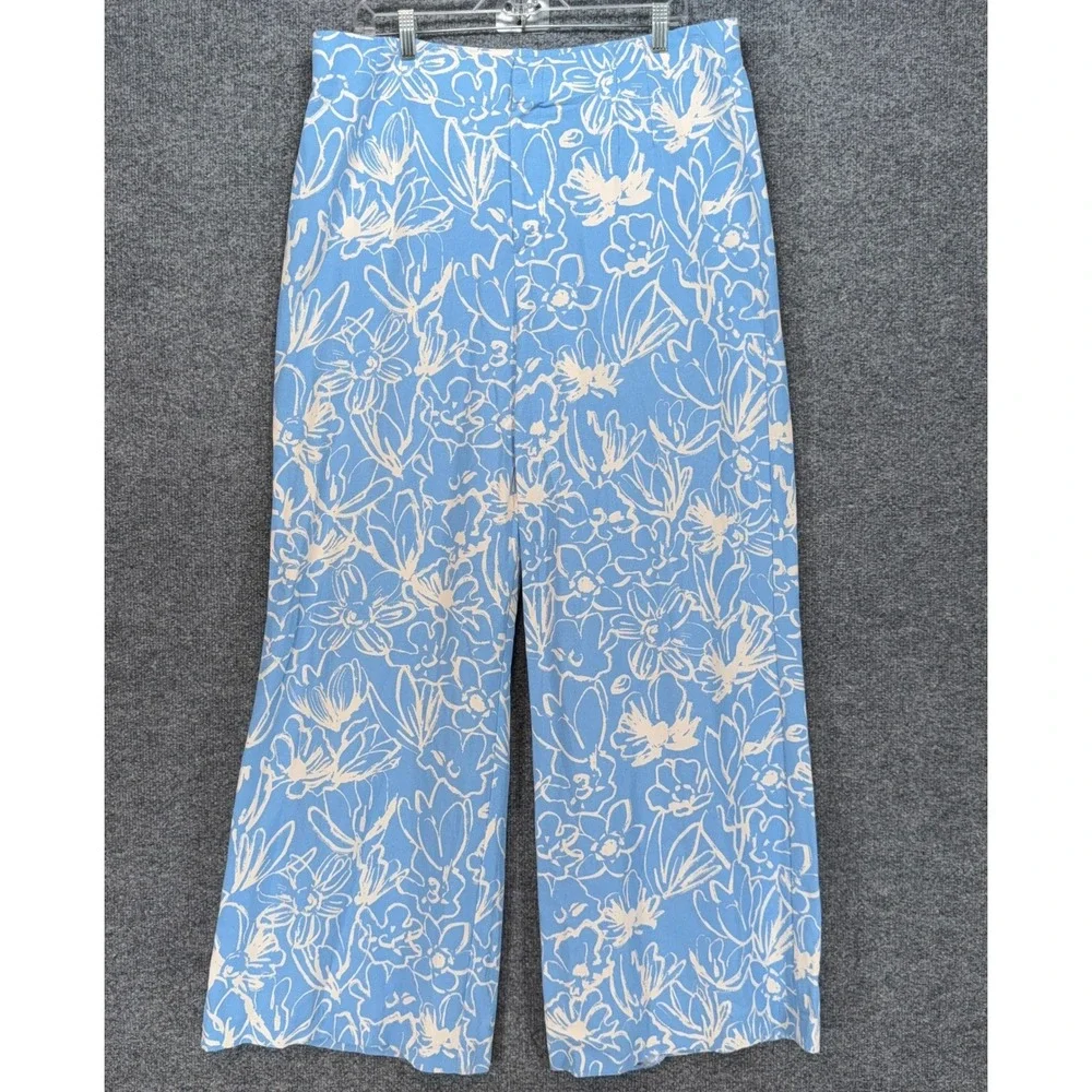 Zara Pants Women XXL Blue Floral Linen Blend Wide Leg High Waist Bohemian Casual